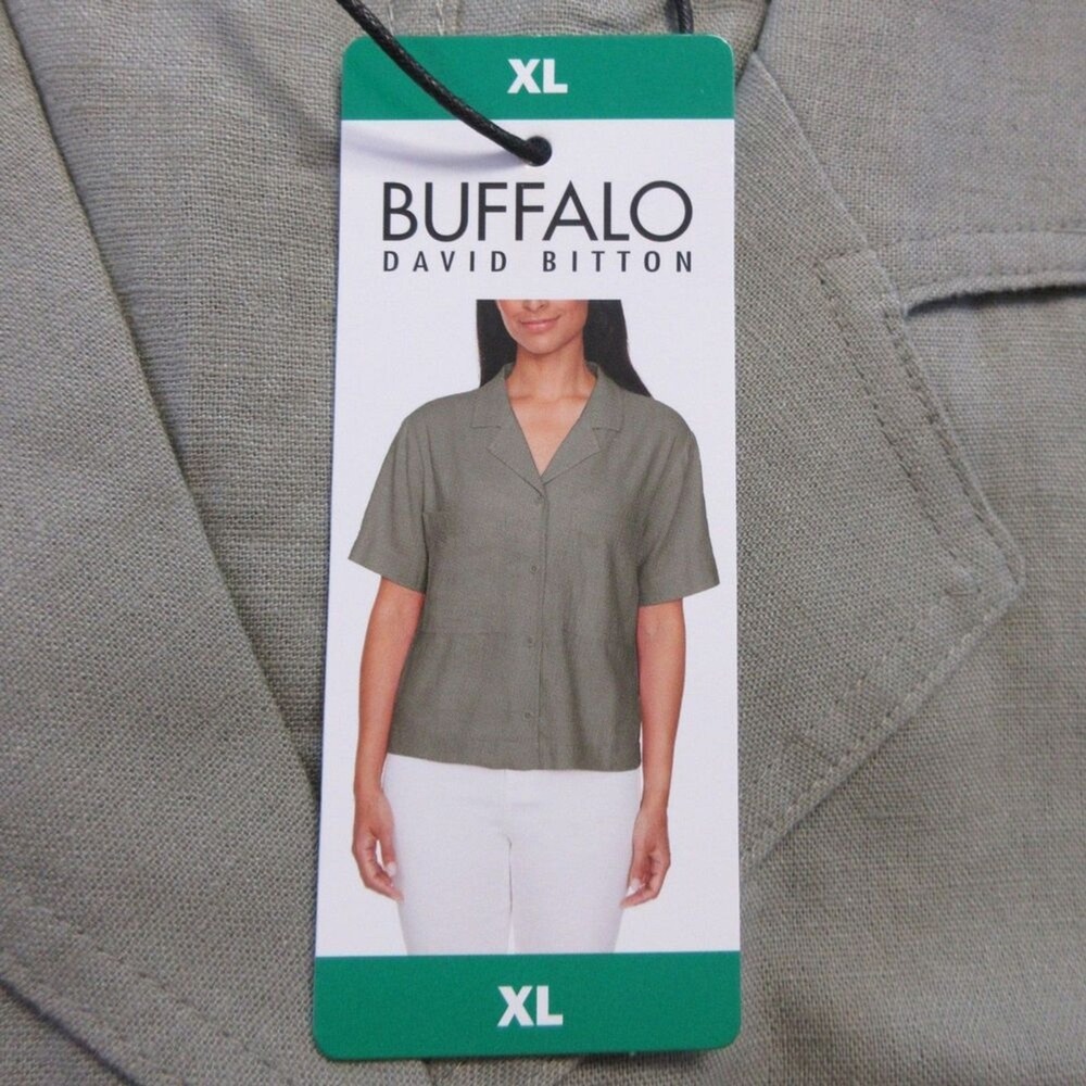 BUFFALO DAVID BITTON Linen Blend Button Front Blouse XL 16 Olive Green Shirt NWT - Picture 4 of 10
